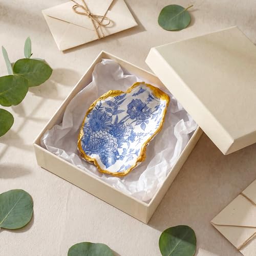 Natural Oyster Ring Trinket Dish Vintage Jewelry Tray for Keys Small Jewelry Holder for Bridal Shower Favors Friends Sisters Daughter Mother Gift Seaside Style Decor(Blue Floral) - style: Blue Floral