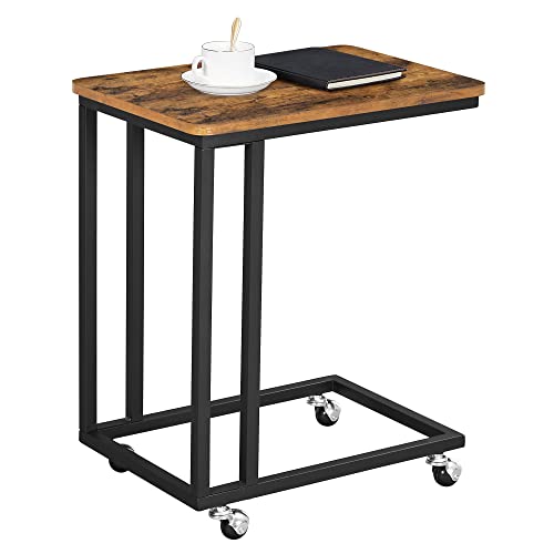 VASAGLE End Table, C Shaped TV Tray with Metal Frame Rolling Casters, Industrial Side Table for Living Room Bedroom, 19.7 x 13.8 x 23.6 Inches, Rustic Brown and Black - color: Rustic Brown + Black