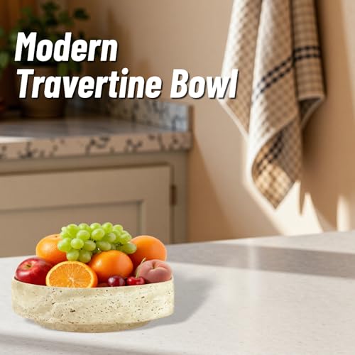 Natural Travertine Decorative Bowl, 7.87" x 2.16" Round Stone Fruit Bowl for Kitchen Counter, Modern Marble Key Bowl for Entryway Table, Stone Catchall Tray for Jewelry, Candy, Home Decor Centerpiece