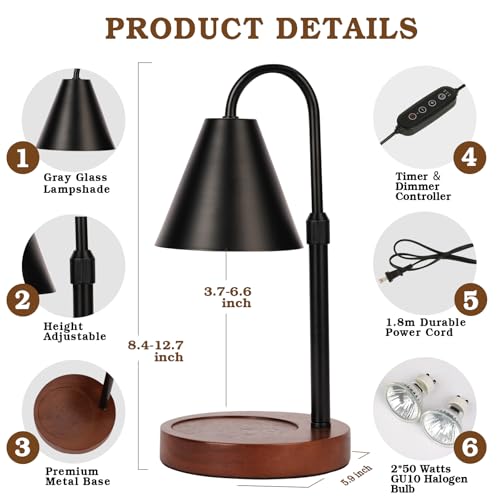 Candle Warmer Lamp with Timer Dimmable,Mothers Day Birthday Gifts for Women Mom, Adiustable Height Modern Candle Warmer Black Candle Lamp for Jar Candle, Home Decor Vintage Wax Warmer with 2 Bulbs - color: Black