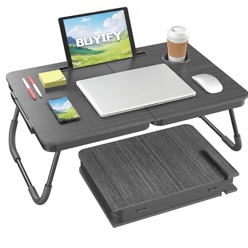 BUYIFY Foldable Laptop Bed Desk for Couch, Sofa - Large Lap Desk Tray Table with Cup Holder and Tablet Slot - Portable Notebook Stand for Eating, Writing, Studying and WFH (Black)- USA Original Patent - color: Black