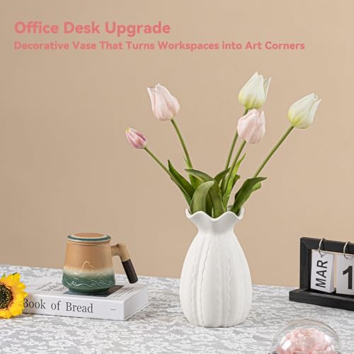 White Ceramic Vase with Ruffled Rim & Scalloped Texture - 8.5" Unique Flower Vase for Pampas Grass & Centerpieces, Decorative Boho/Farmhouse Vase for Living Room, Office Desk & Gift for Her/Yourself