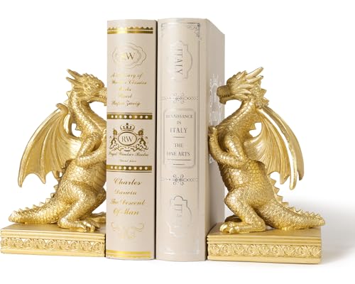 Dragon Statue Decorative Bookends for Shelves, Regal Gold Dragon Statue Home Office Decoration, Fantasy Dragon Figurine Enthusiasts Gifts - color: Regal Gold
