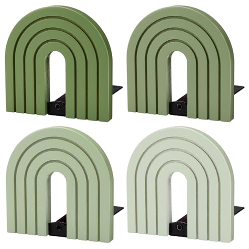 FYSUIMU 4Pcs Boho Sage Green Arch Wood Bookends Non Skid Book Stoppers Rainbow Shape Wooden Book Stands for Heavy Books Home Office Library Kitchen