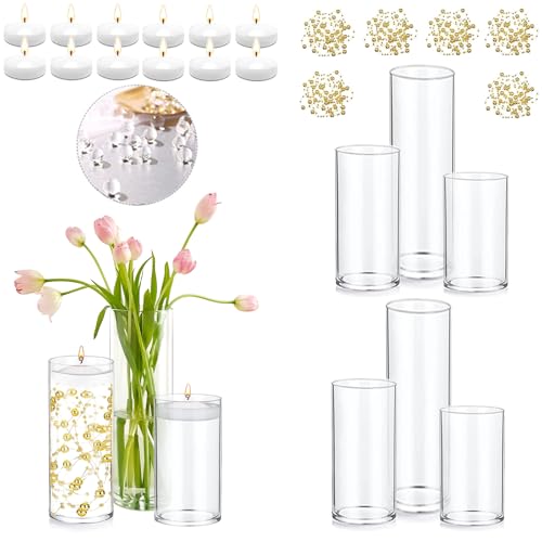 Set of 6 Glass Cylinder Vases for Centerpieces with 4 Pack Vase Filler 6 Pearl String 12 White Floating Candles for Centerpieces, Center Pieces for Table Wedding Party Home Decor 5, 6, 8 Inch - style: 6 Set(5,6,8Inch)