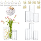 Set of 6 Glass Cylinder Vases for Centerpieces with 4 Pack Vase Filler 6 Pearl String 12 White Floating Candles for Centerpieces, Center Pieces for Table Wedding Party Home Decor 5, 6, 8 Inch - style: 6 Set(5,6,8Inch)
