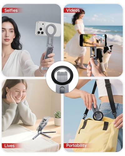 iWALK Magnetic Foldable Metal Phone Stand for iPhone, Strong Magnet Mini Cell Phone Tripod Stand for Vlog, Gym, Travel Essentials Compatible with iPhone 17, 16, 15, 14, 13, 12 Series, Silver