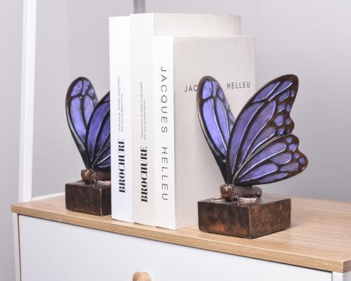 Vintage Purple Butterfly Bookends,Resin Book Ends for Shelves,Heavy Duty Decorative Bookends,Creative Book Stopper Holder Decor for Desk Home Office,Shelf Decoration,Gifts for Mother's Day - color: Purple