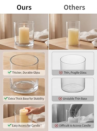 NUPTIO Hurricane Glass Candle Holders: Set of 3 Thick Glass Large Pillar Candle Holder - Clear Vases for Wedding Table Centerpieces Decor