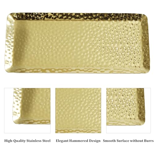 10x4inch Hammered Rectangular Tray, Stainless Steel Decorative Serving Tray, Gold Platter for Kitchen, Bathroom, Bar, Vanity Storage - color: Gold