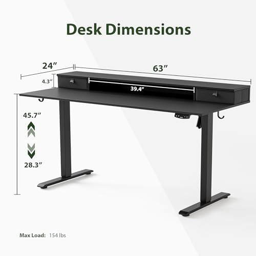 Agilestic 63 x 24 Inches Electric Standing Desk with 2 Storage Drawers, Stand Up Desk Adjustable Height, Sit and Stand Computer Table with Splice Board, Black - color: Black, size: 63 x 24 Inches with 2 drawers