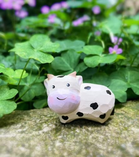 Small Wooden Milk Cow Figurines Craft, Hand-Carved Painted Milk Cow Figurine with Base, Cute Desktop Decor, Wooden Animal Statue Art Collectibles，Unique Gift for Animal Lovers - color: Milk Cow
