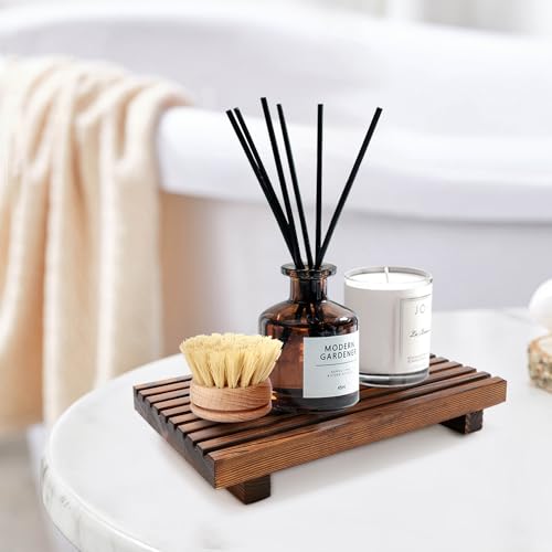 Farmhouse Bathroom Counter Organizer Wooden Display Pedesta Stand Small Kitchen Countertop Trays Decorative Wood Riser Dish Soap Dispenser Holder for Bathroom Decor Sink Accessories Vanity Tray - color: Brown, size: 10x6 inch