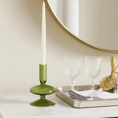 Glass Candle Holder - Taper Candle Holders and Candlestick Holders for Table Decor, for Living Room, Mantel, or Dining Table, Sculptural Disc and Sphere Design Home Decor Accent – 5", Green - color: Green, size: 5.0" H