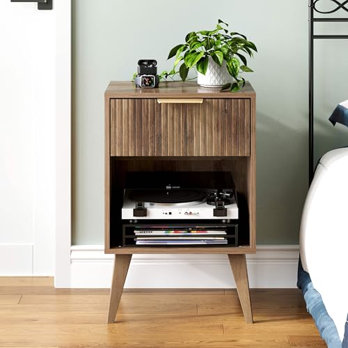 YAUKOMEL Fluted Night Stand with Opening Storage,Mid Century Bedside Table with Drawer,Wood Nightstand with Legs,End Table Side Table for Living Room,Bedroom,Caramel Oak 11.8"Dx15.7Wx 25.2"H CTG56BR - color: Caramel Oak