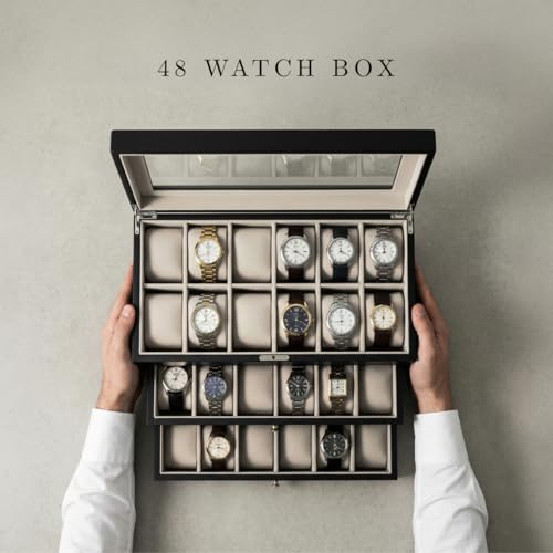 Bey-Berk Custom Personalized Watch Box Organizer - 48 Slot Luxury Solid Wood Designer Display, Large Watch Slots - color: Black