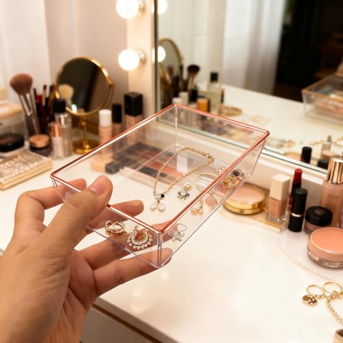 4 Pack Large Size Clear Stackable Drawer Organizer Trays, Rose Gold Rim Makeup Drawer Storage Tray Divider, Desk Storage for Makeup, Jewelry, Bathroom, Stationary, Kitchen Utensils and Office Desk - color: Rose Gold, size: 4 PACK