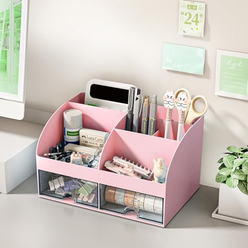 COMFYROOM Desk Organizer with 6 Compartments and 2 Drawers, Plastic Makeup Organizer, Pen Holder for Desktop Storage, Desk Organization for School, Home, Office Supplies (Pink) - color: Pink