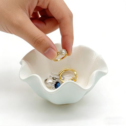 White Flower Jewelry Dish, 3.5″ Lotus Jewelry Bowl Ring Holder, Ceramic Jewlery Tray Cute Vanity Nightstand Bathroom Room Decor Trinket Dish Valentine's Friendship Birthday Gifts for Women Mom