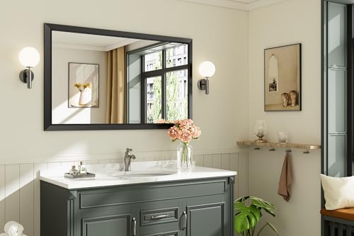 Briivue 50x30 Inch Black Bathroom Mirror for Wall, Thick Metal Framed Rectangle Mirrors for Over Sink, Bedroom, Living Room, Entryway, Anti-Rust, HD Tempered Glass - color: Black, size: 50"L x 30"W