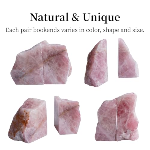 Heavy Duty Rose Quartz Bookends - Decorative Stone Book Ends 5-6 Lbs, for Office Home Decor, Large Book Holder Gift (1 Pair, 4-6.5" Height with Non-Slip Bumpers) - size: 5-6LBS