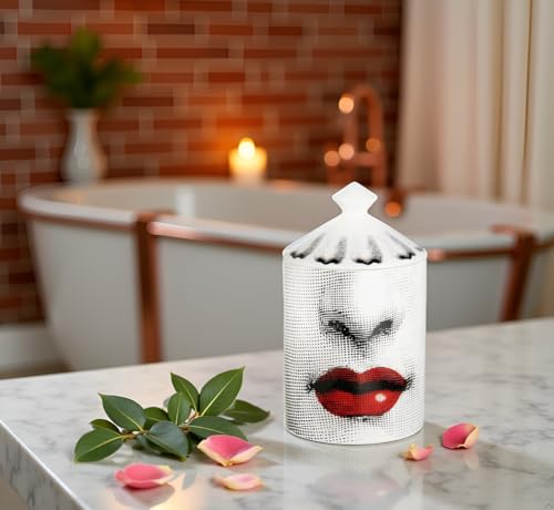 AlphaDesignLuxe Decorative Candle Holder Handcrafted Aromatherapy Candle Jar Italian Designer Décor Fashionable Tabletop Vase Modern Art Female Face Eyes Lips Centerpiece. (Red Lips)