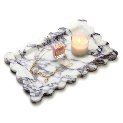 SAMAH Calacatta Viola Natural Marble Tray, Scalloped Bathroom Tray, Decorative Tray for Vanity, Dresser, Kitchen & Home Decor, Birthday Gifts for Women Mom, House Warming Gifts New Home(Rectangle) - size: 11" x 7.2" x 0.7"