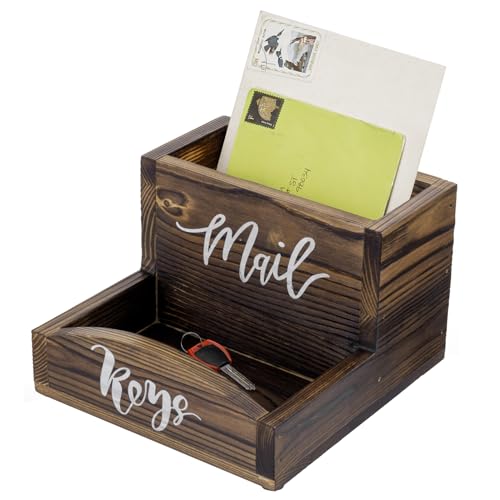 MyGift Rustic Burnt Solid Wood Mail Holder and Key Organizer, Entryway Storage Tray or Office Desktop Organizing Bin with White Cursive Lettering Labels - color: Burnt Wood