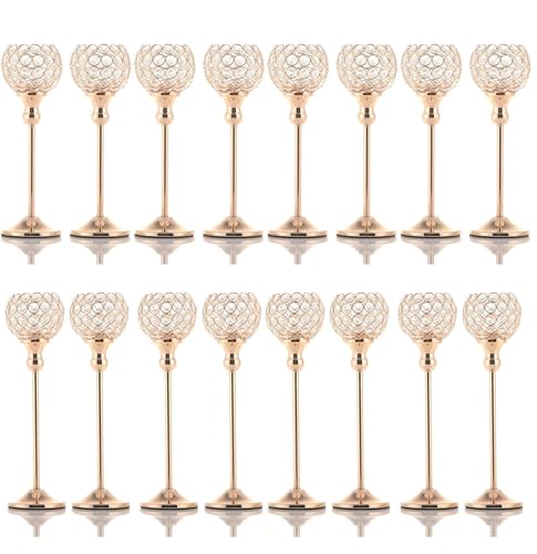 VINCIGANT 16PCS Gold Crystal Candle Holders Pillars for Wedding Decoration,Votive Crystal Candle Holders for Dinner Table Room Party Rhinestone Decorative - size: 16 pcs 13" & 15" Tall