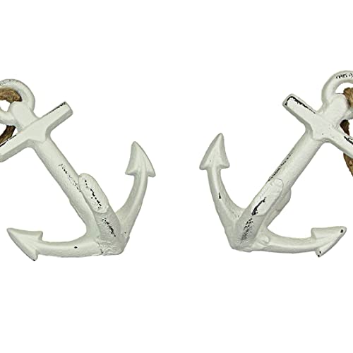 Pair of Timeless Antique White Cast Iron Boat Anchor Bookends - Nautical Home Decor Sculptures for Stylish Bookshelf Accents, 4.5 Inches Long - Maritime Elegance - color: Anchor - White