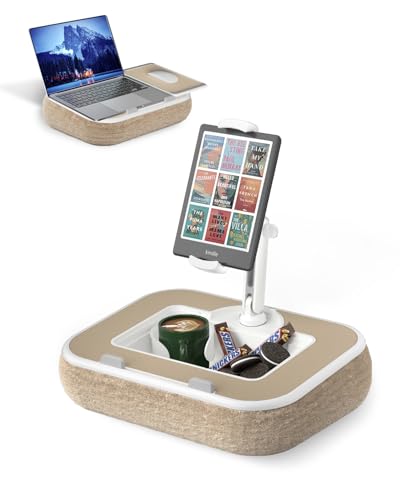 Viozon Kindle Pillow Stand Holder, Phone Holder for Bed, Laptop Lap Desk with Mouse Pad,Compatible with 4.7-13" Kindle/Tablet/Phone,10-15" Laptop, Snack Bowl&Cup Attachment&Detachable 360° Stand Arm - color: Beige