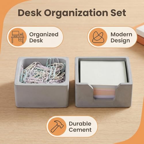 Concrete Desk Organizer Set of 2 - Minimalist Sticky Note Holder & Paper Clip Dispenser - Heavy Duty Office Desk Accessories with Non-Slip Base for Home Workspace Organizer & Desk Decor, Gray - color: Gray