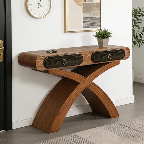 WILLIAMSPACE 47.24" Oval Console Table with Cross Leg & 2 Drawers, Mid Century Modern Wooden Entryway Sofa Table Hallway Table for Living Room, Foyer - Brown - color: 47.24" Oval Console Table With Cross Leg,brown