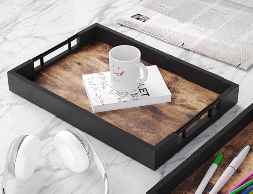 Fibogollo Wooden Serving Tray with Metal Handles,17x12in Ottoman Decorative Trays Platter for Coffee Table,Living Room,Bar,Party,Large - size: 16.9" x 11.8" x 2"