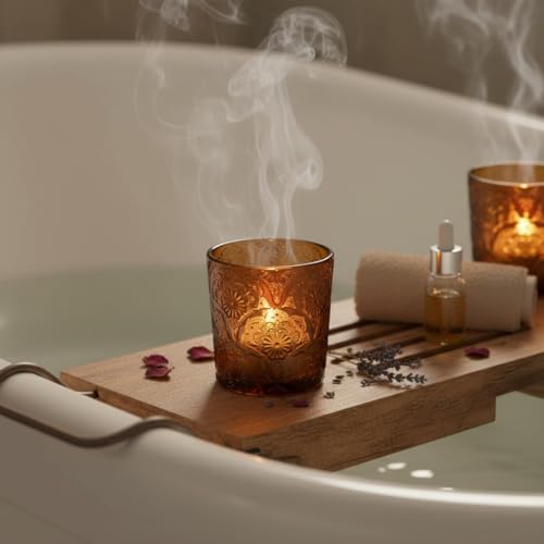 12 Pack Mandala Embossed Glass Candle Holders – Votive Tealight Holders with Patent Design, Decorative Embossed Glass Cups for Wedding Centerpieces, Parties, and Home Décor (Chestnut Brown) - color: Chestnut Brown