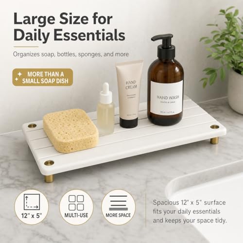 Razborci Instant Dry Sink Caddy Kitchen Sink Organizer, Quick Drying Stone Tray Diatomite Sponge Holder Soap Dish, Bathroom Countertop Fast Dry Water Absorbing Vanity Rack, Gold White, 12" x 5" - color: 1. Gold - White, size: 12" x 5" x 1"
