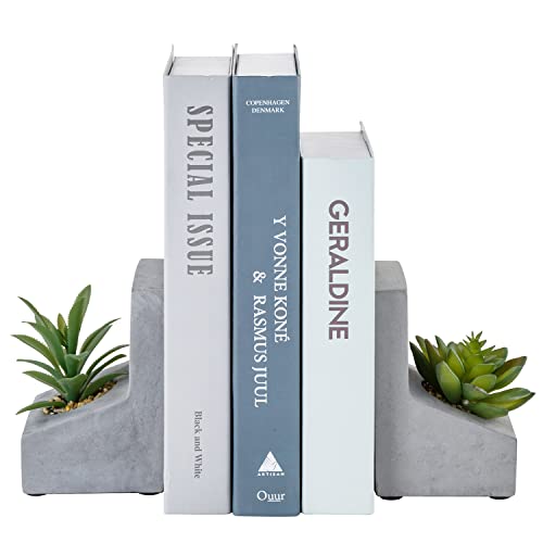 MyGift Decorative Bookends for Heavy Books, Book Ends with Planted Artificial Succulent Plants, Book Stands for Shelves Desktop, 1 Pair, L-Shaped Concrete - color: Artificial Succulent