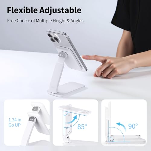 iWALK Magnetic Cell Phone Stand for Desk, Angle and Height Adjustable Mobile Phone Holder, Foldable Magnet Stand for iPhone 17 16 15 14 13 12 Pro Max and iPad, Cell Phone Holder for Samsung, White - color: White
