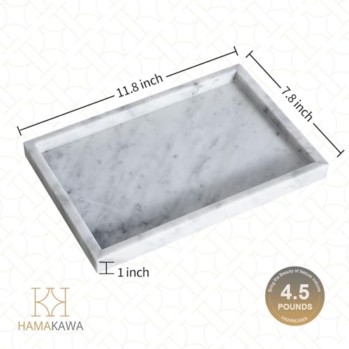 Large Bathroom Vanity Tray, Real Natural Marble Tray 12 inch, Carrara White Stone Toilet Tank Trays, Modern Dresser Trays, Countertop Organizer for Kitchen Counter, Soap Dispenser - color: Carrara White 12-in Rect