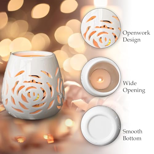 White Ceramic Rose Hollow Candle Holder – Creative Aromatherapy Essential Oil Burner, Wax Melt Diffuser & Tealight Candle Holder for Home Bedroom Decor, Perfect Christmas & Housewarming Gift