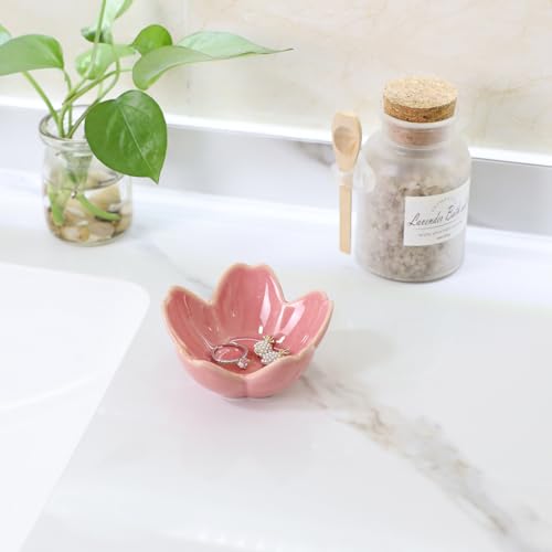 Pink Flower Ring Dish Holder,Jewelry Dish Tray,Small Trinket Tray,Jewelry Plate Bowl,Key Bowl,Decorative Plate,Mothers Day Birthday Gifts for Women Friends,Ceramic Kiln effect White - color: Kiln effect Pink