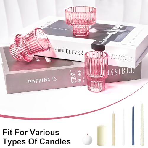 Candlestick Holders Set of 6, Ribbed Glass Taper Candle Holders, Reversible Pink Tealight & Candle Stick Candle Holder Vintage Crystal Tapered Candlestick for Wedding Dinner Party Festival - color: Pink