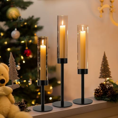 Black Hurricane Candle Holders, Set of 6 Glass Taper Candlestick Holders Metal Candle Stands Bulk with Glass Cover for Dining Tables Wedding Candelabra Centerpieces Decor - color: Black
