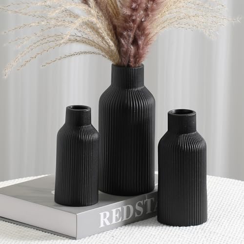 Bohemian Black Ceramic Vase - for Pampas Grass, Mantel, Bookshelf, Entryway and Living Room Decor (Black, Set of 3) - color: Black, size: Set of 3