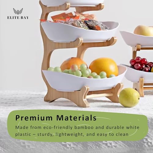 3-Tier Ceramic Fruit Bowl With Stand – Bamboo Countertop Large White Trays | Space-Saving Tiered Fruit Holder for Kitchen & Home Décor | Compact 15×35cm Design with Modern Aesthetic