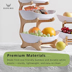 3-Tier Ceramic Fruit Bowl With Stand – Bamboo Countertop Large White Trays | Space-Saving Tiered Fruit Holder for Kitchen & Home Décor | Compact 15×35cm Design with Modern Aesthetic