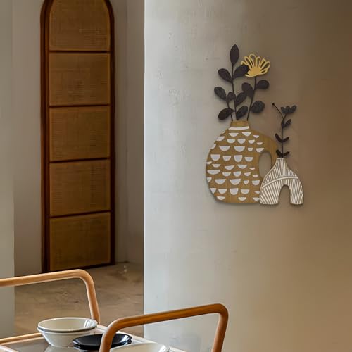 WOPARTY Rustic Metal and Wood Flowers Wall Art, Bohemian Vase with Flower Design, Black and Gold, 16.2x10 Inch, Farmhouse Wall Decor Home Bedroom Dining Room Housewarming