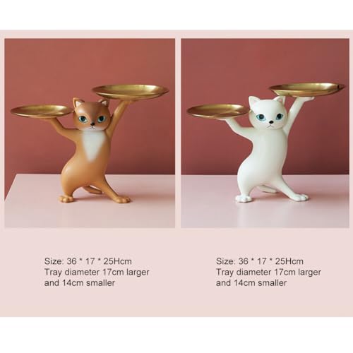 Surakey Resin Cartoon Cat Sculpture with Metal Tray Animal Statue Figurine Storage Tray Key Tray Sundries Candy Container Nut Tray Double Tray for Home Desk Decor Gift (Gray)