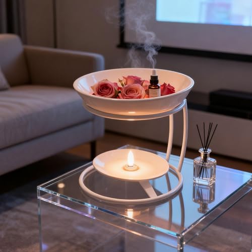 Qianly Ceramic Essential Oil Burner with Metal Frame, Ideal for Bedroom, Living Room Or Office, White - color: White