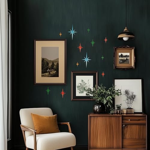 Stylor Mid Century Modern Decor - Whimsigoth MCM Retro 3D Star Wall Art Sculpture, Vintage Celestial Home Decor Accent, Plastic Starburst Decor (Set of 6) - color: Multi
